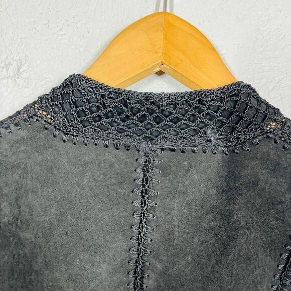 Vintage Suede Crochet Patchwork Jacket Shacket Black Knit Square Button Front S - Picture 6 of 12